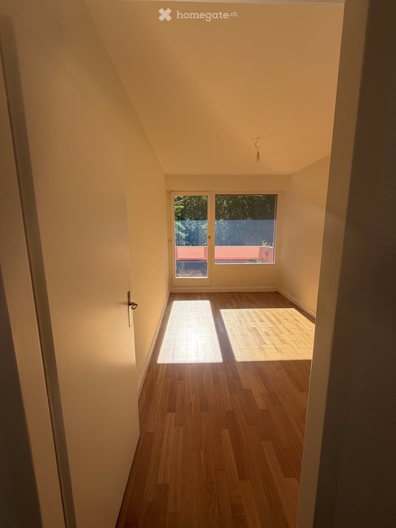 Empty room with wooden flooring, light-colored walls, and a large window with a view of a balcony area.