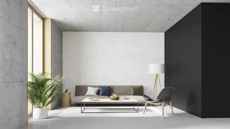 Spacious living room with concrete ceiling, white textured walls, large windows, gray sofa with colorful pillows, wooden coffee table, and a black accent chair. The room also features a potted plant, adding a touch of greenery.