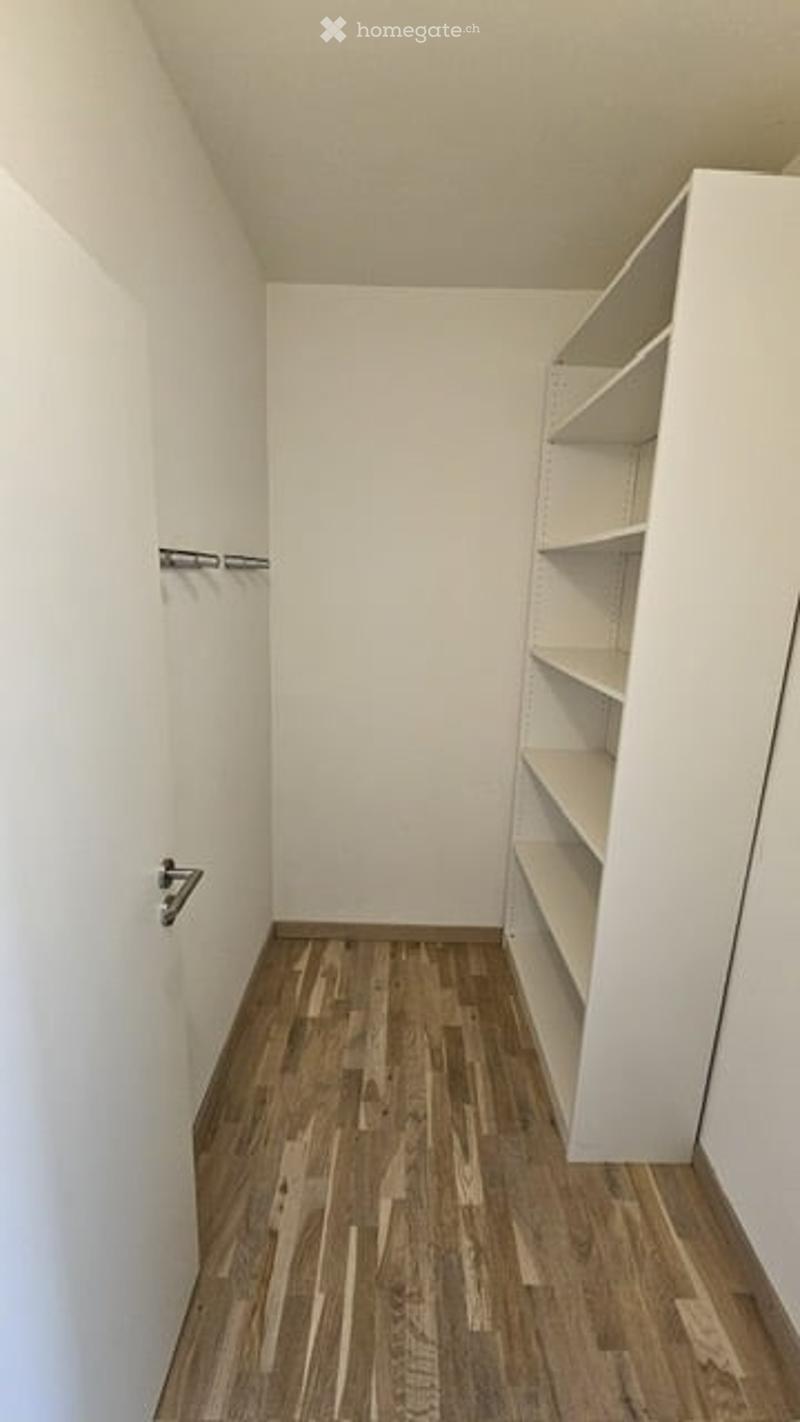 Empty closet with wooden flooring, white walls, and built-in shelving units.