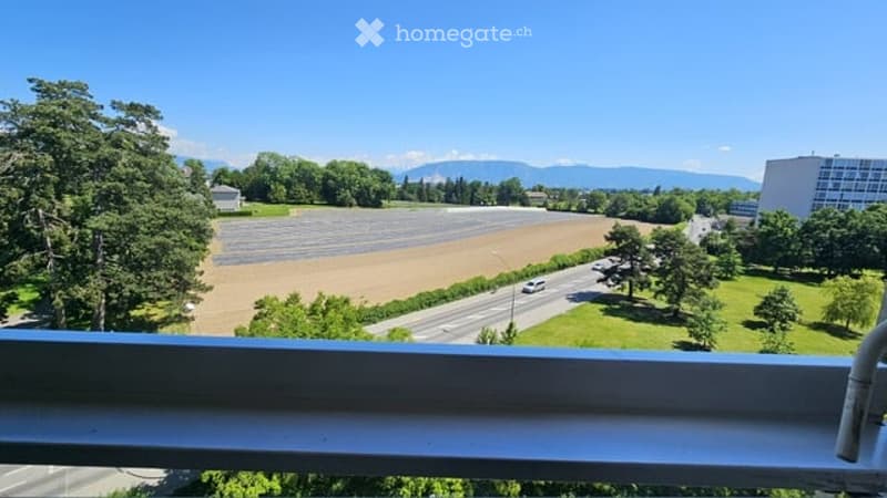 Balcony overlooking a landscape with a road, green fields, trees, and distant mountains under a clear blue sky.