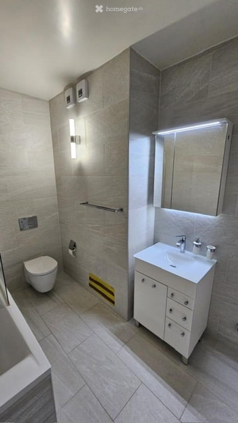 Modern bathroom with grey tiled walls and floor, white toilet, white sink with mirror, and built-in cabinet.