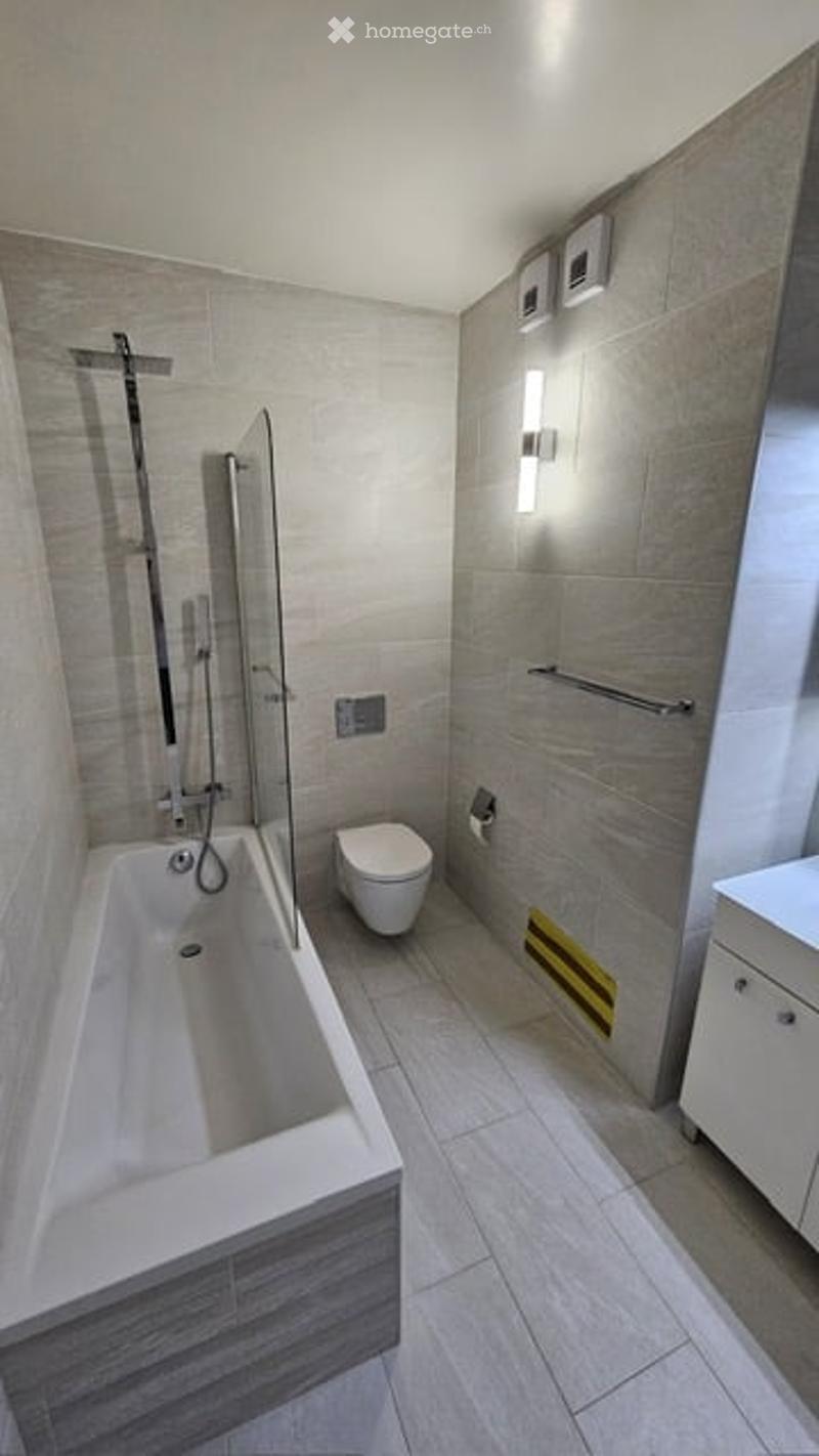 Modern bathroom with a bathtub, toilet, shower, and a white cabinet. The walls are tiled in a light grey color, and the floor is tiled with matching tiles. There are built-in shelves and a modern light fixture above the bathtub.