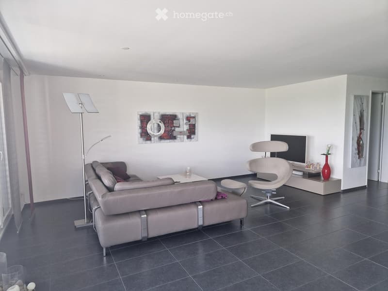 Modern living room with a grey leather sofa, a white armchair, a coffee table, a floor lamp, a table lamp, a television, and a red vase on a side table.