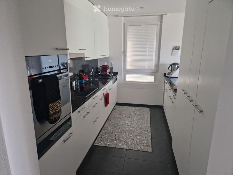 Modern kitchen with white cabinets, stainless steel appliances, black countertops, and a patterned rug.