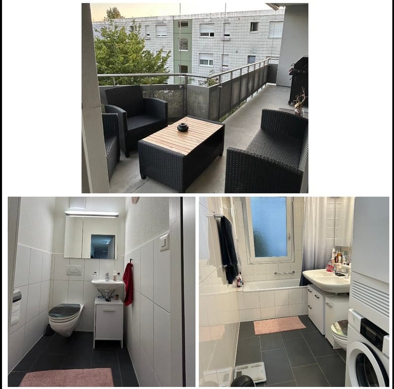 Modern bathroom with white tiles, a toilet, sink, mirror, and a separate bathtub area with a washing machine. The balcony features wicker furniture, including a sofa and a coffee table.