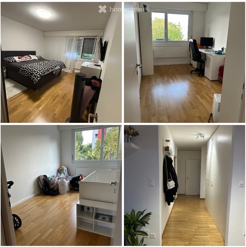 Four images show a furnished room with a bed, desk, chair, computer, screen, shelf, radiator, fan, table, and coat rack. The room features wooden flooring, large windows, and modern decor.