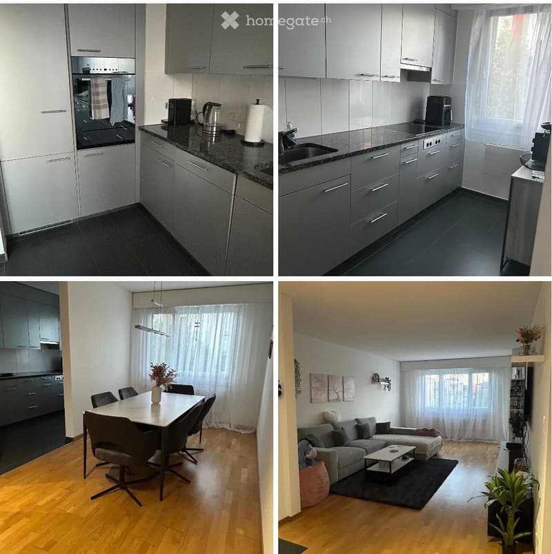 Four images show a modern, well-furnished apartment with a kitchen, dining area, and living room. The kitchen features grey cabinets, a black countertop, and stainless steel appliances including an oven, dishwasher, and coffee maker. The dining area has a