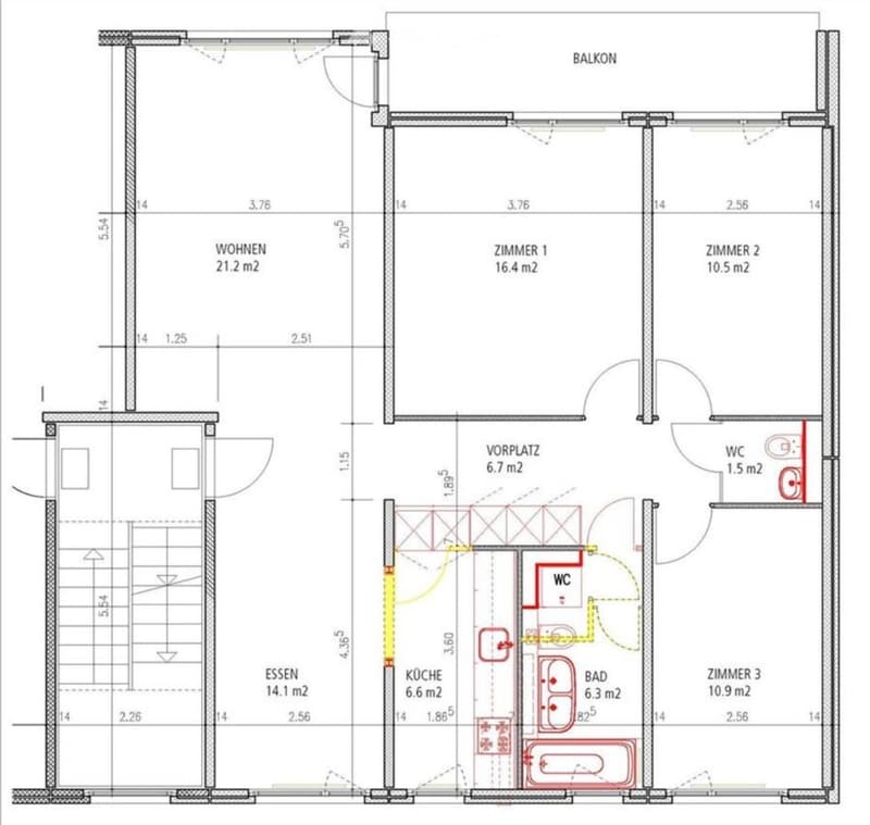 Floor plan showing a living area (Wohnen), two bedrooms (Zimmer 1 and Zimmer 2), a dining area (Essen), a kitchen (Küche), a bathroom (Bad), and a WC. Includes a balcony.