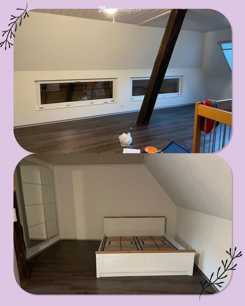 Spacious attic bedroom with wooden floors, large windows, and built-in bed and wardrobe.