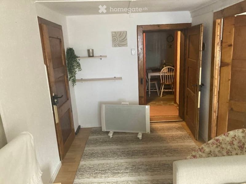 A cozy living room with a grey sofa, a radiator, a shelf with a potted plant, and an open doorway leading to a dining area with a table and chairs.