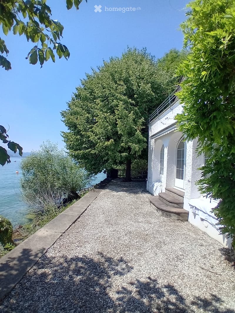 A gravel pathway leads to a white building with steps, surrounded by lush greenery and overlooking a body of water.