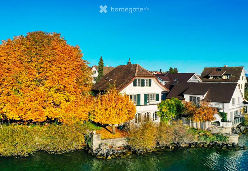 A picturesque residential area with traditional houses, surrounded by autumn-colored trees and a calm river.