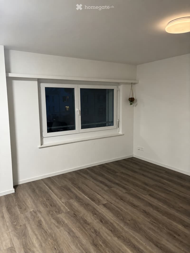 Empty room with wooden flooring, white walls, large window, and a hanging plant visible on the wall.