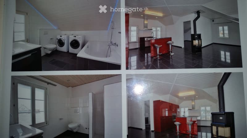 Four images showing a modern, well-lit attic space with a bathroom, kitchen, and living area. The bathroom features a bathtub, toilet, and washing machine. The kitchen has a red island with stools and a fireplace. The living area includes a large window a