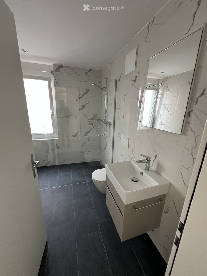 Modern bathroom with dark tiled floor, white marble walls, a sink with a modern faucet, a toilet, and a glass-enclosed shower area.