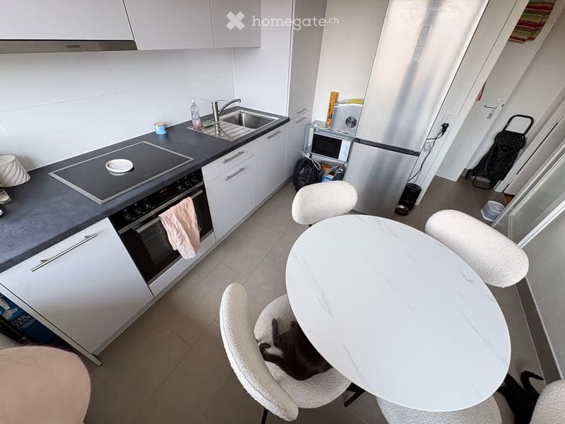 Modern kitchen with white cabinets, induction stove, oven, sink, microwave, refrigerator, and a small dining area with a round table and chairs.
