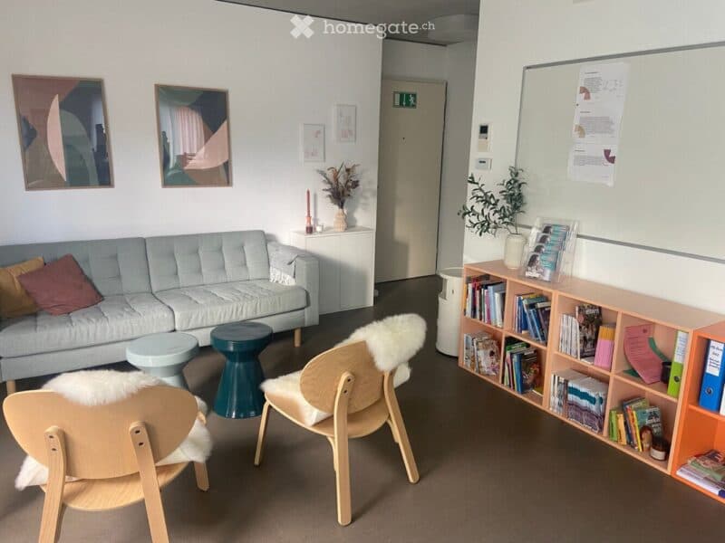 A modern, well-lit living room with a light grey sofa, colorful cushions, a small green stool, wooden chairs with white fur throws, a bookshelf filled with books, and decorative plants. The walls are white with several framed artworks.