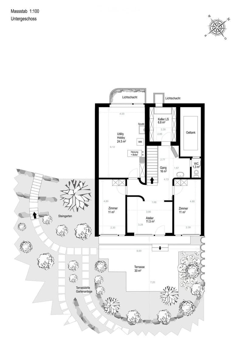 Floor plan of the basement level showing utility room, hobby room, storage, WC, rooms, and terrace with garden area.