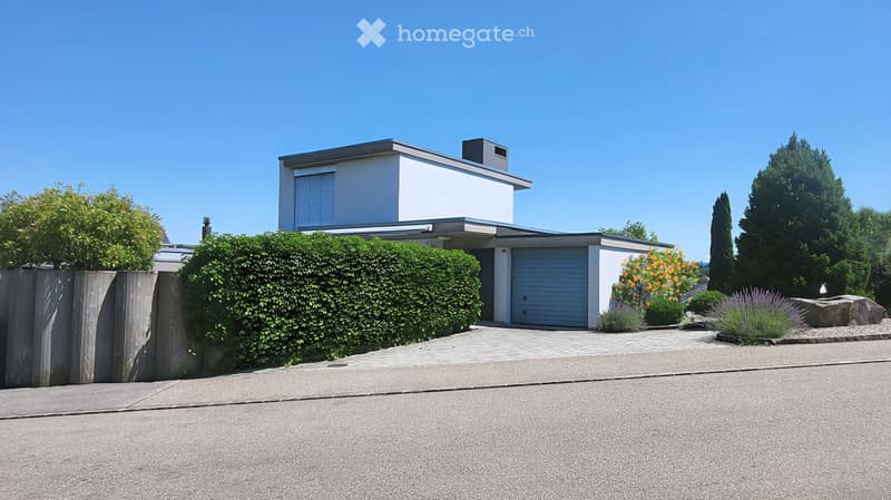 Modern two-story house with white exterior, flat roof, garage, and landscaped garden with hedges and flowering plants.