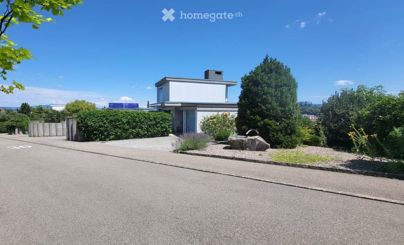 Modern two-story house with white exterior, surrounded by greenery and a well-maintained garden. Features include a driveway, a small garden area with plants and a stone sculpture, and a tall hedge along the front.