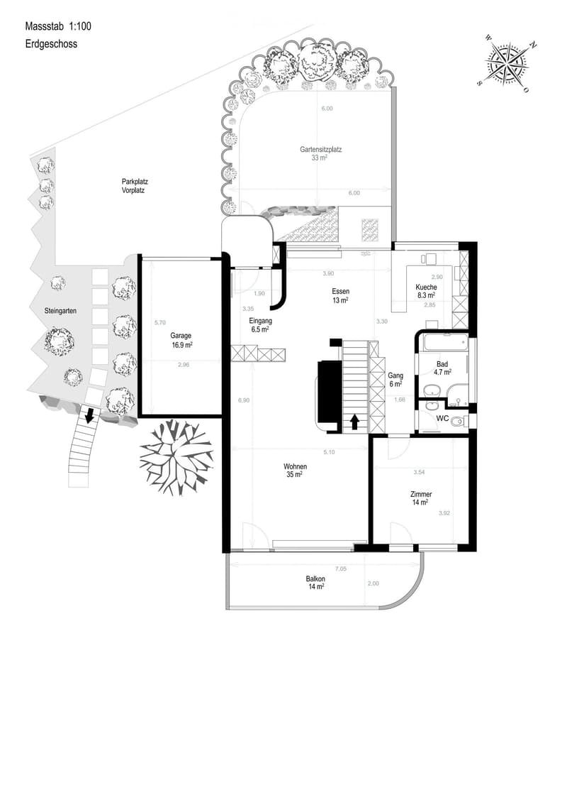 Ground floor floor plan showing living room, kitchen, bathroom, bedroom, entrance, balcony, garage, garden seating area, parking space, and stone garden.