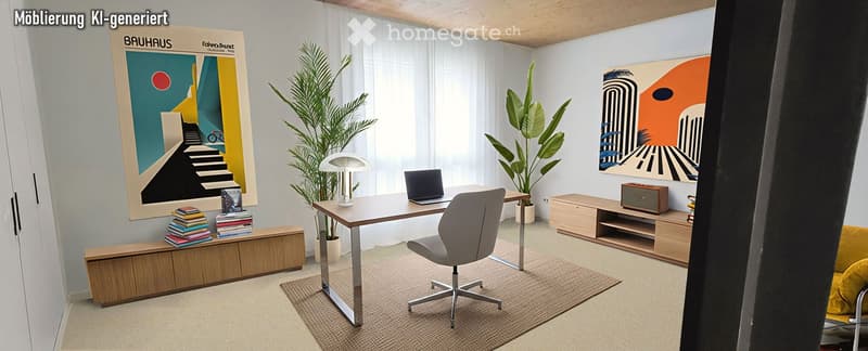 A modern, well-lit room with a desk, chair, laptop, books, a plant, a cabinet, and a radio. The room features large windows with white curtains and decorative artwork on the walls.