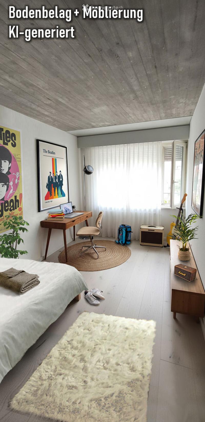 A modern, multi-functional room with a bed, desk, and guitar. Features include a wooden ceiling, white walls, large window with white curtains, and a variety of decorative items.