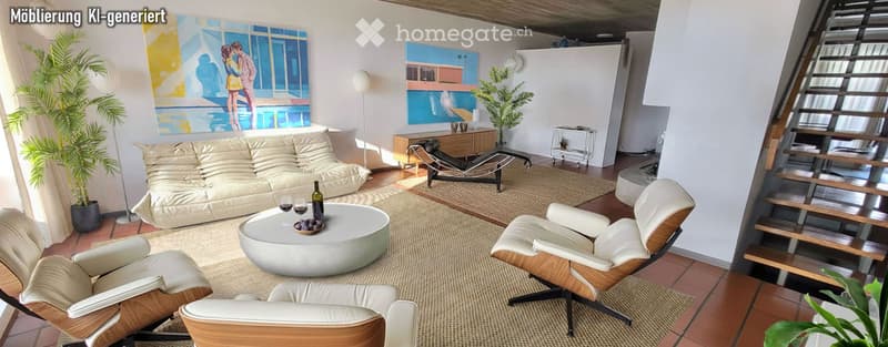 Modern living room with a white sofa, round coffee table, two wooden chairs, a bottle of wine, and two cups on the table. There are two paintings on the wall and a plant in the corner.