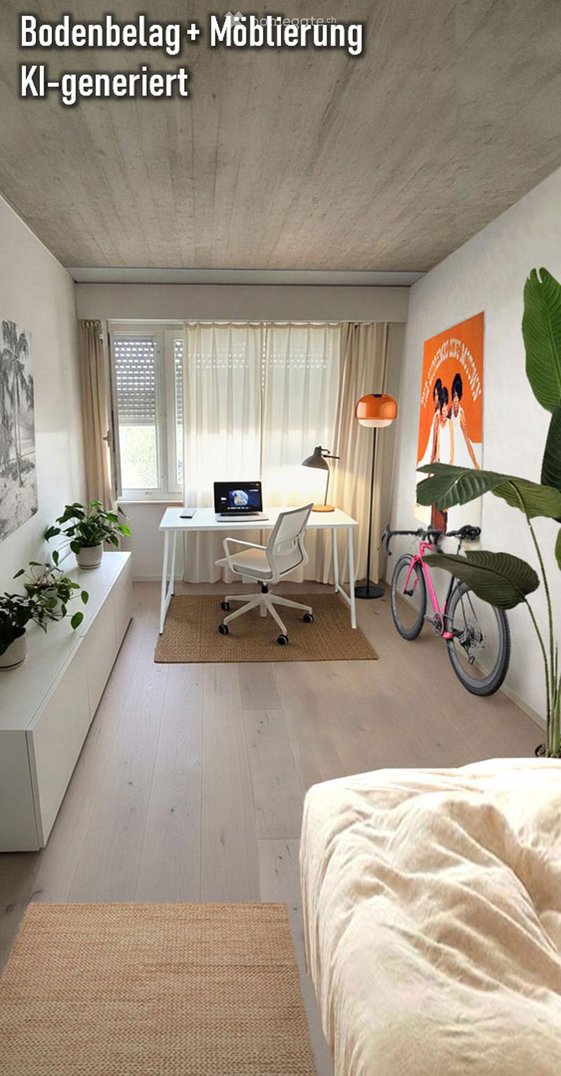 A modern, well-lit room with a desk, laptop, ergonomic chair, floor lamp, table lamp, bicycle, bed, and potted plants.