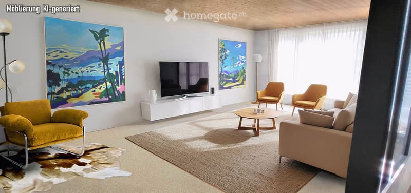 Modern living room with large windows, white walls, a beige sofa, yellow armchairs, a coffee table, a floor lamp, and a television on a white stand.