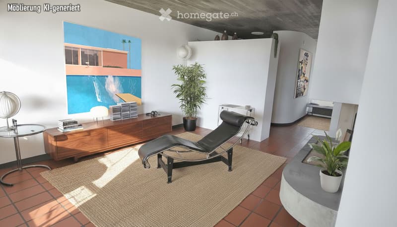 Modern living room with a lounge chair, glass table, wooden cabinet, potted plants, and artwork on the walls.