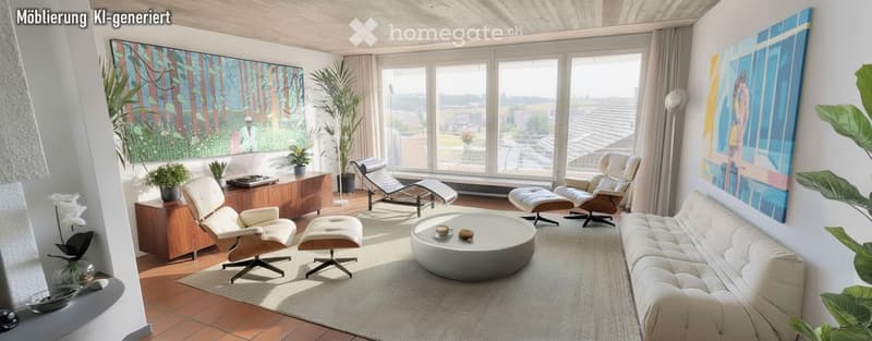 Modern living room with large windows, white leather sofa, coffee table, chairs, ottomans, and artwork.