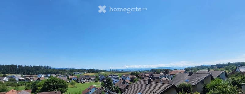 A panoramic view of a residential area with multiple houses, surrounded by green fields and distant mountains under a clear blue sky.