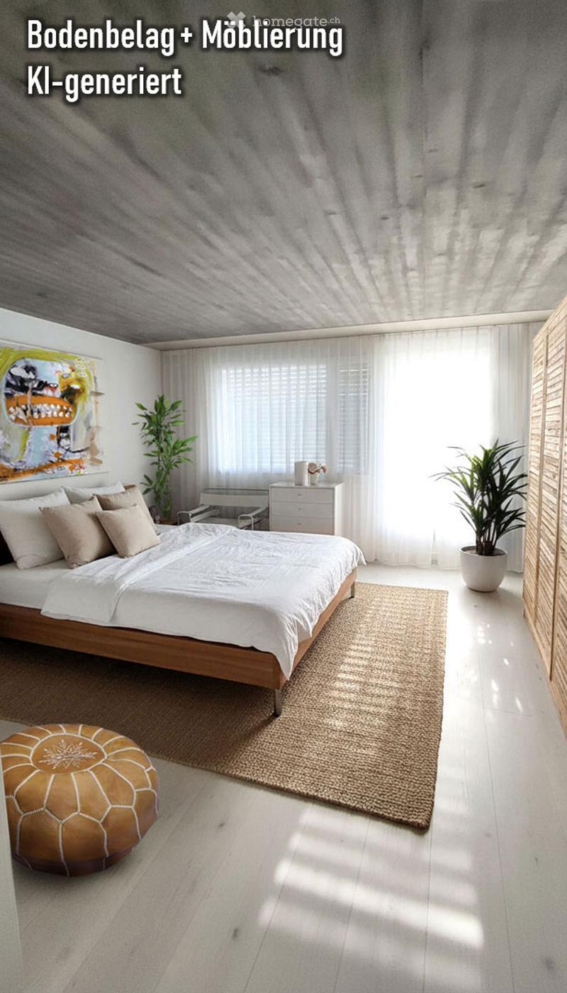 Bright bedroom with a wooden bed, nightstand, potted plants, a round stool, and a painting on the wall. The room features large windows with white curtains and a light wooden floor.