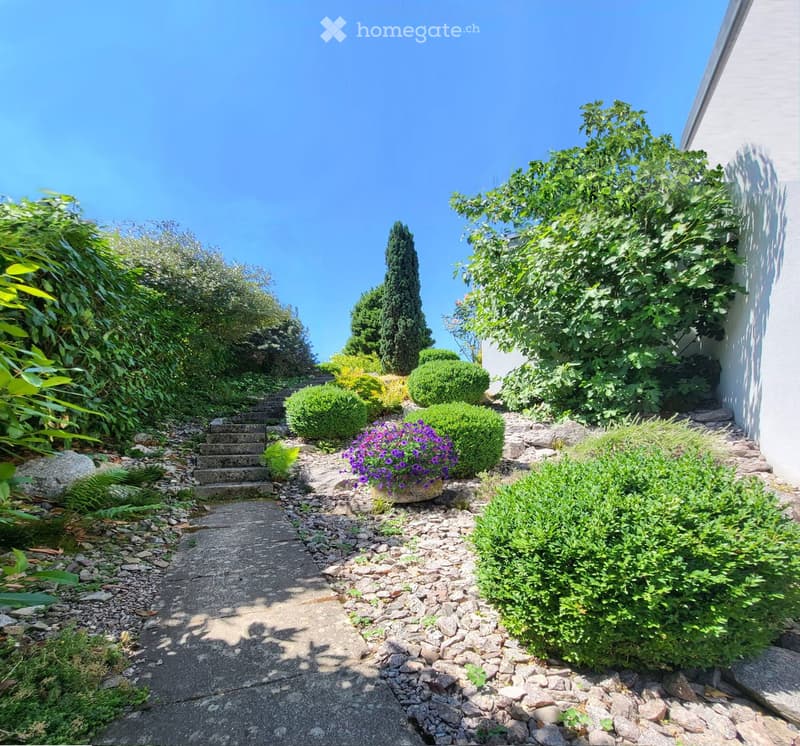 A well-maintained garden with a stone pathway, neatly trimmed bushes, and a flower pot with purple flowers. The garden is bordered by rocks and steps lead up to higher sections.