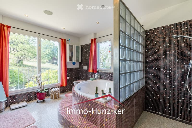 Spacious bathroom with a large bathtub, shower area, toilet, and decorative elements including a flower pot and cacti. The room features large windows with orange curtains and a view of greenery outside.