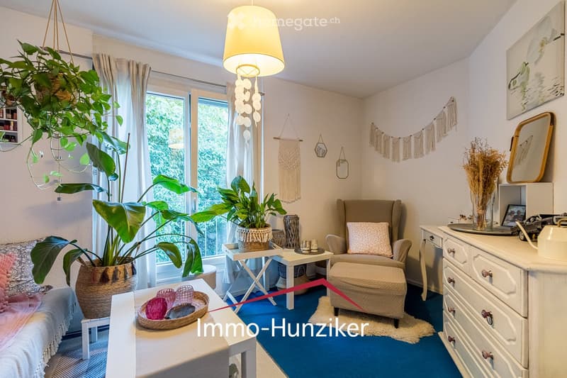 Cozy living room with a blue carpet, white walls, and large windows. Features a sofa, armchair, small tables, a hanging plant, and decorative items.