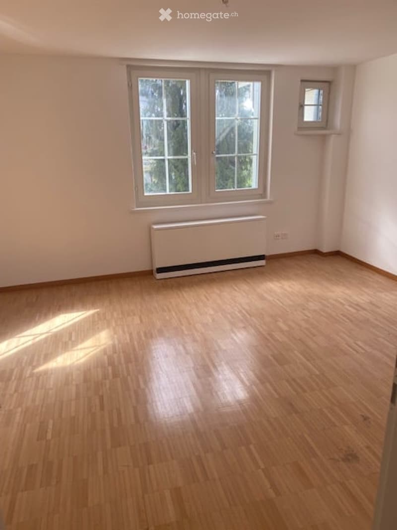 Empty room with wooden flooring, white walls, and large windows allowing natural light. A radiator is visible under one window.