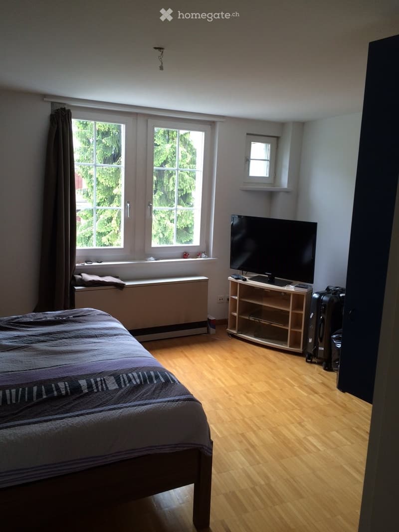 Bedroom with wooden flooring, large windows, bed with dark bedding, TV on a stand, and a suitcase near the door.
