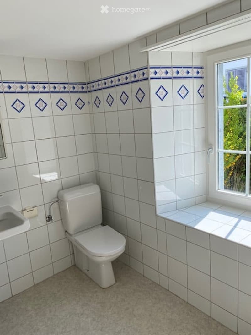 Bathroom with white tiled walls, a toilet, a sink, and a mirror. The tiles feature a decorative blue diamond pattern along the upper border.