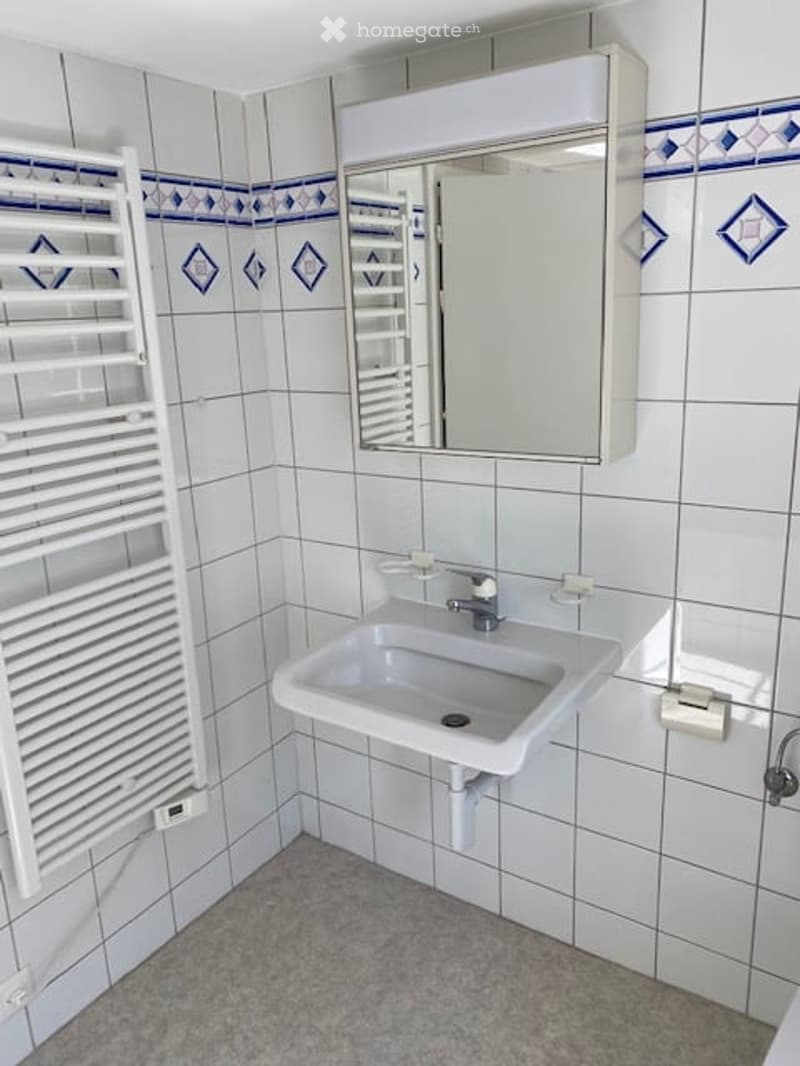 Clean bathroom with white tiles, a white towel rack, a sink with a mirror above it, and a toilet paper holder.