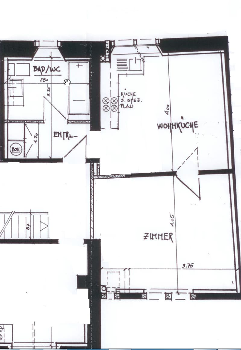 Floor plan showing a bathroom/WC, kitchen, living kitchen, and bedroom with dimensions labeled.