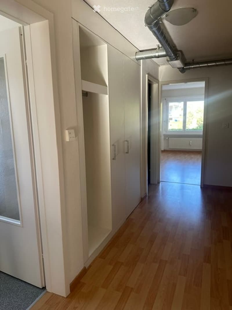 Empty hallway with light wooden flooring, white walls, built-in closet with empty shelves, and a view into an adjacent unfurnished room with large windows.