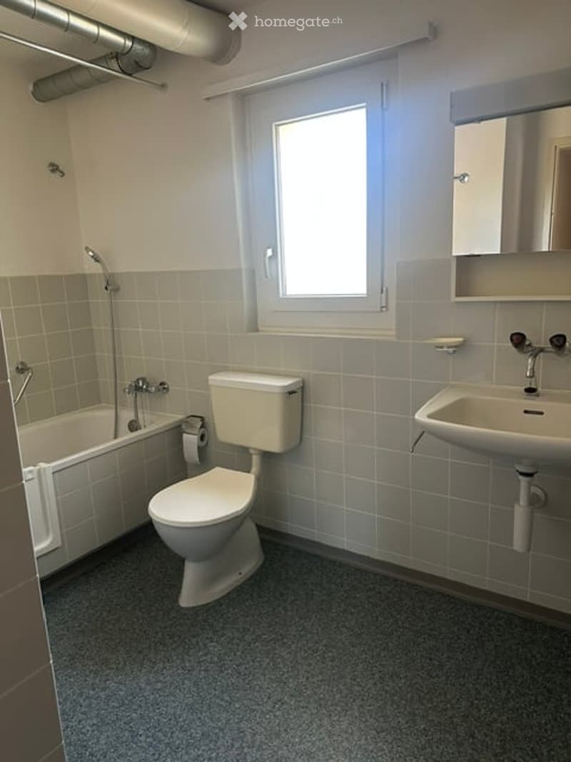 A clean, modern bathroom with white tiles, a toilet, a sink, a bathtub, and a mirror above the sink. The room has a window for natural light and a grey carpeted floor.
