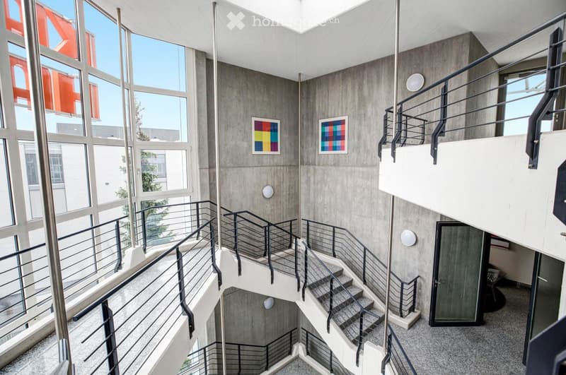 Modern interior staircase with white steps, black metal railings, and large windows offering natural light. The walls are concrete with colorful abstract art pieces.