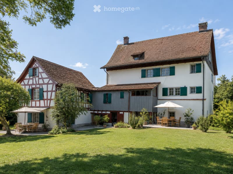 Two-story house with a traditional half-timbered design and a modern white facade, surrounded by a well-maintained lawn and outdoor seating areas.