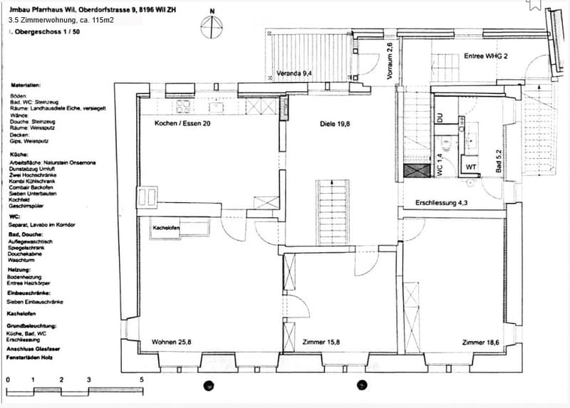 Floor plan of a 3.5-room apartment with approximately 115 m², located on the first floor. Layout includes a kitchen/dining area, living room, three bedrooms, bathroom, and hallway.