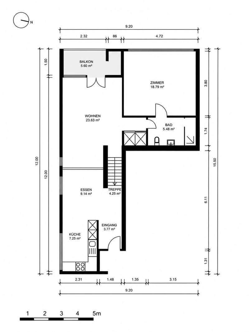 Floor plan of a 3-room apartment with a kitchen, living room, bedroom, bathroom, and balcony.