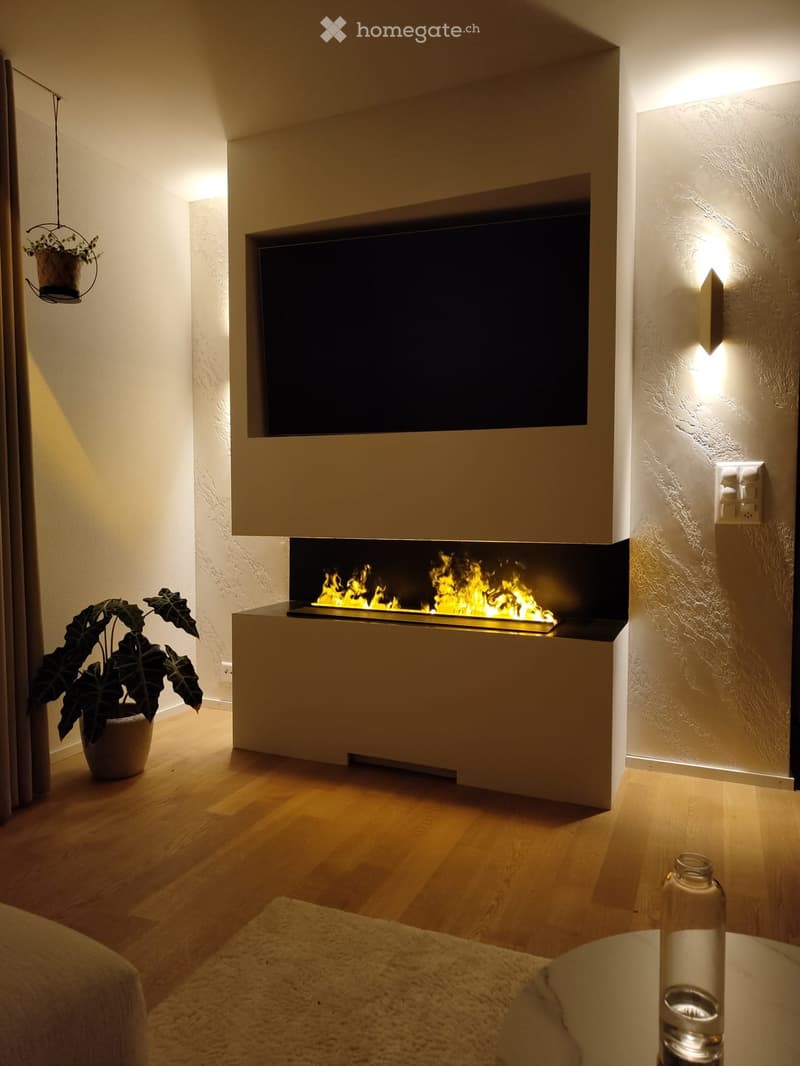 Modern living room with a sleek electric fireplace, wall-mounted TV, potted plants, and warm lighting.