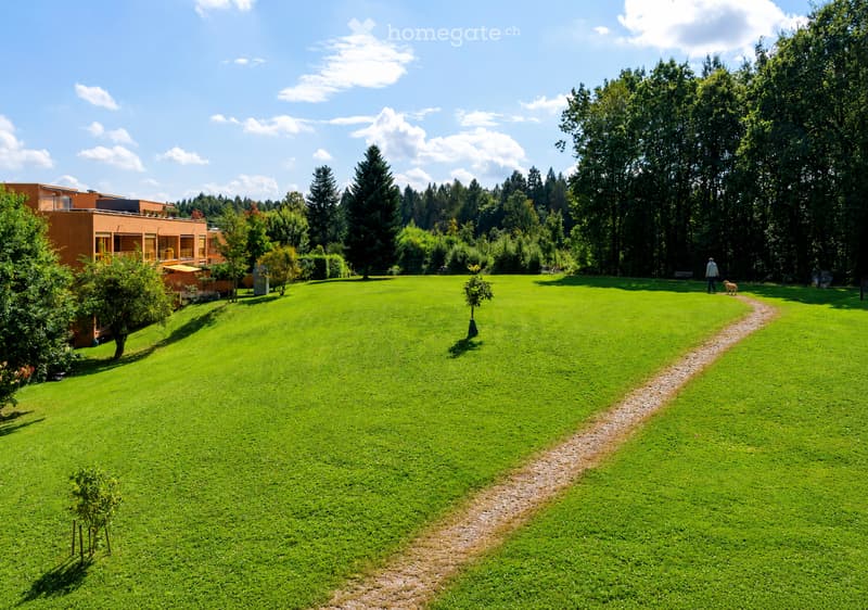 A large, well-maintained green lawn with a pathway leading to a building, surrounded by trees and shrubs under a partly cloudy sky.